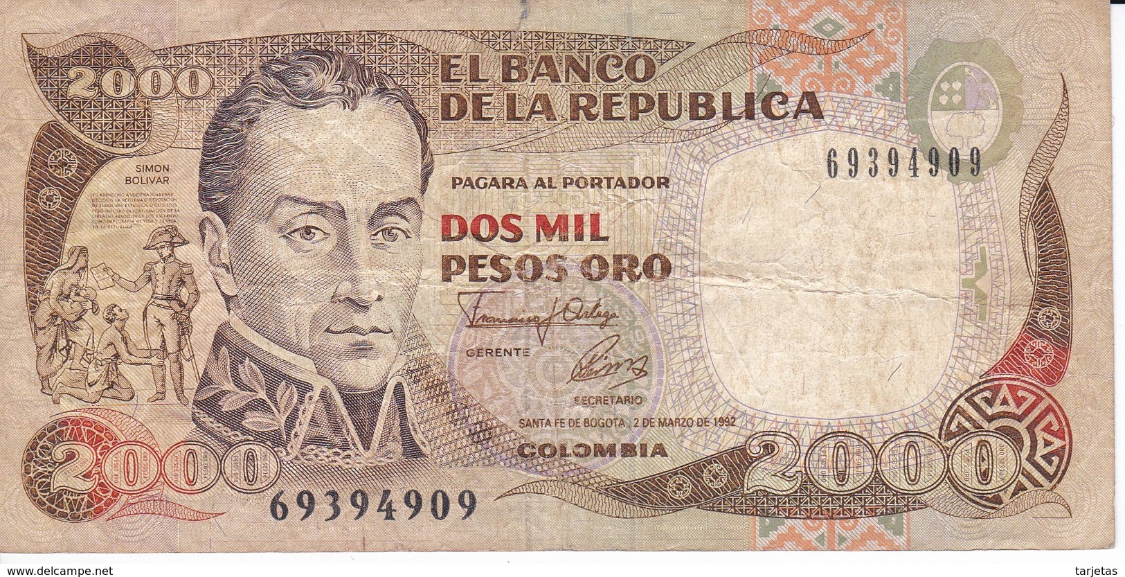BILLETE DE COLOMBIA DE 2000 PESOS DE ORO DEL AÑO 1992  (BANK NOTE) - Colombia