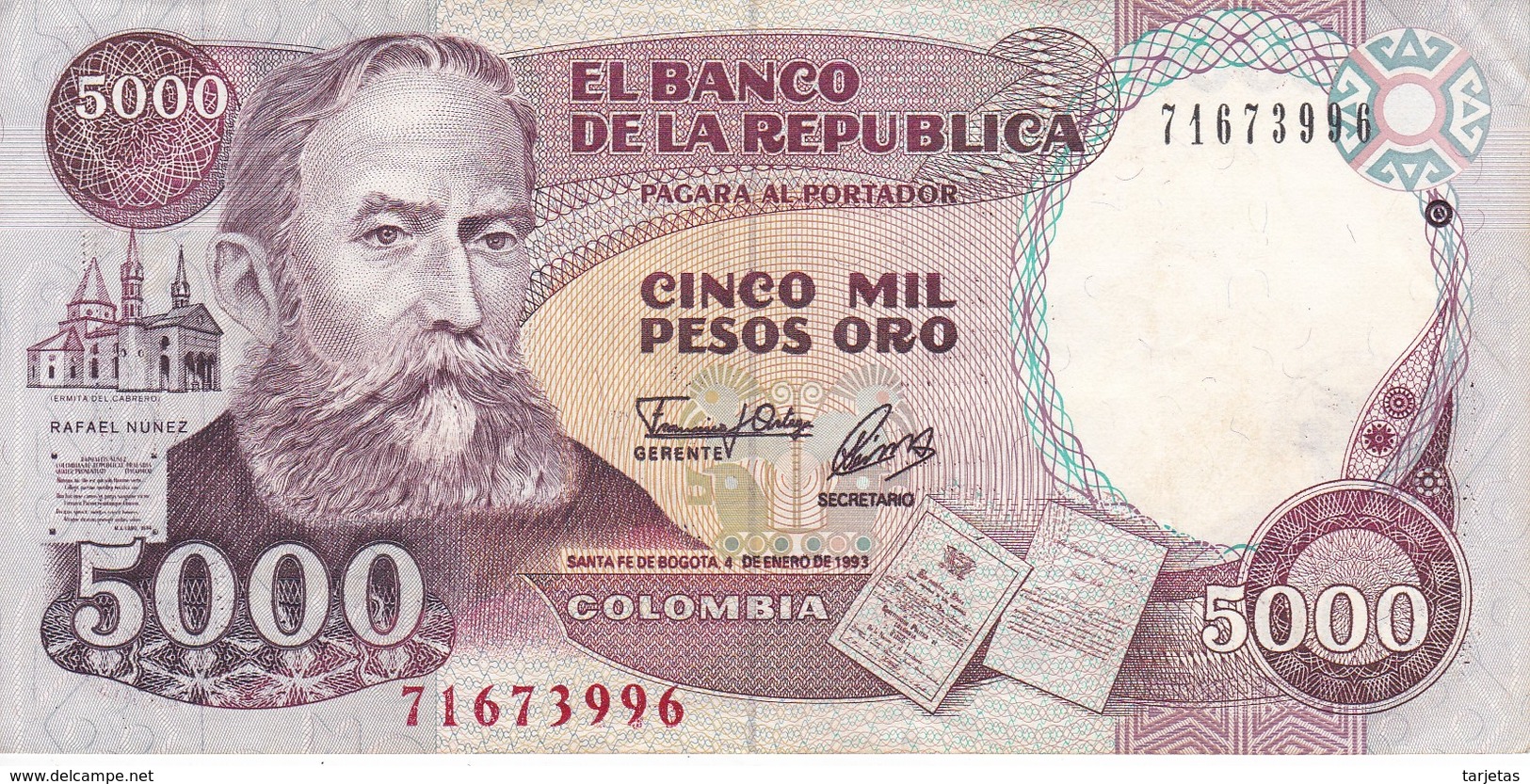 BILLETE DE COLOMBIA DE 5000 PESOS DE ORO DEL AÑO 1993 CALIDAD EBC (XF)  (BANK NOTE) - Colombia