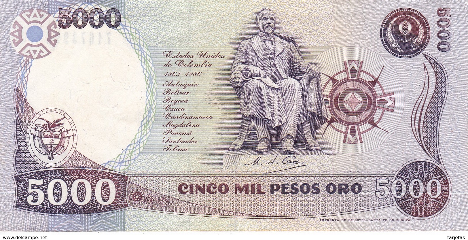 BILLETE DE COLOMBIA DE 5000 PESOS DE ORO DEL AÑO 1993 CALIDAD EBC (XF)  (BANK NOTE) - Colombia