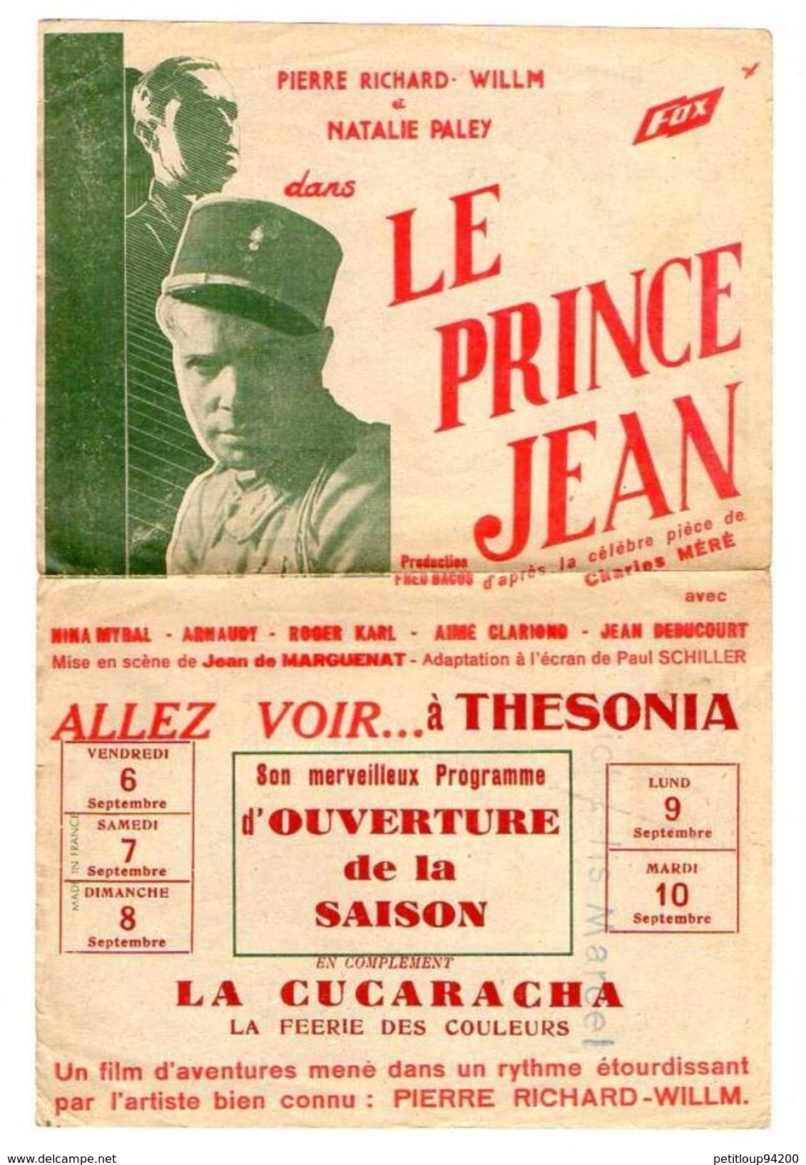 PROGRAMME CINEMA & DATES DE PROGRAMMATION Cinéma Thesonia  HAYANGE  Le Prince Jean *P.RICHARD WILLM *N.PALEY  Années1930 - Programmes