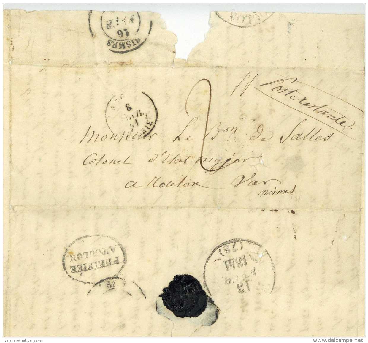 ARMEE D'AFRIQUE 1841 Alger Lettre Militaire Au Baron De Salles Toulon PURIFIEE A TOULON Desinfected Mail - Marques D'armée (avant 1900)