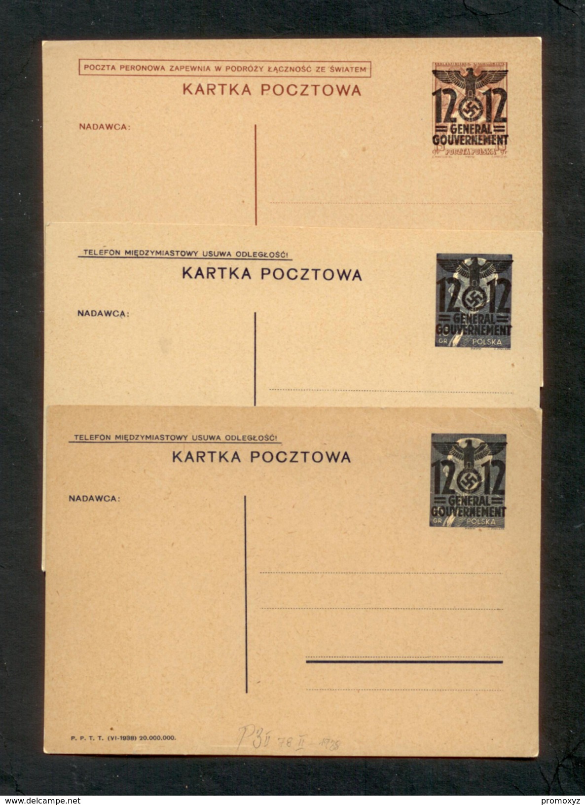 Generalgouvernement 1938- 40, Ganzsachen: 3 Postfrische Polnische Postkarten  Jeweils Mit Aufdruck GENERALGOUVERNEMENT - Autres & Non Classés