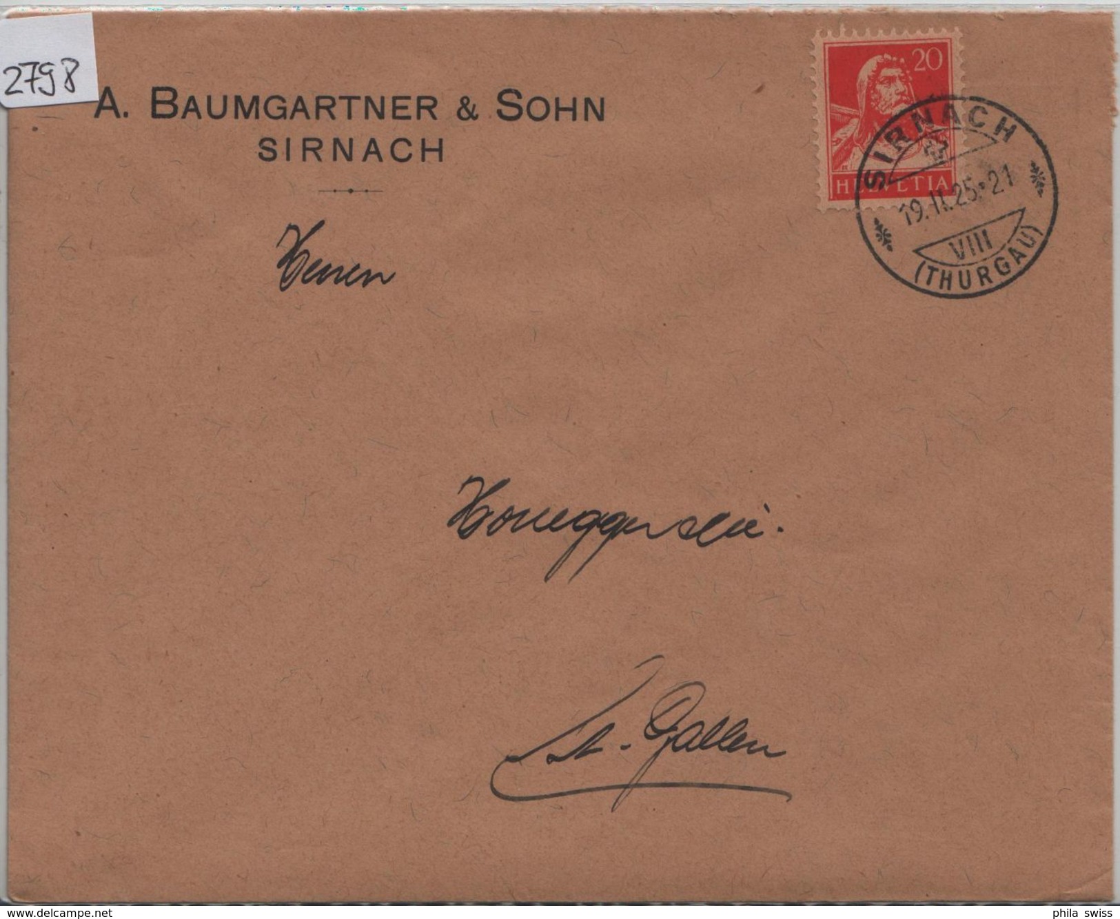 1925 Tell 158/166x - Stempel: Sirnach (A. Baumgartner & Sohn) 19.II.25 - Lettres & Documents