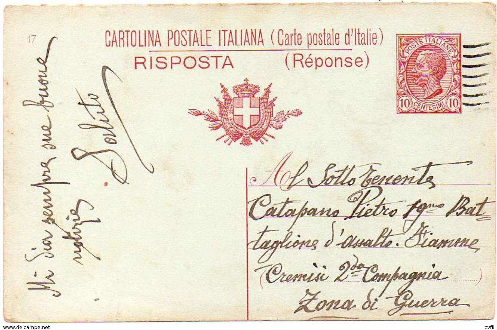 ITALY / ITALIA 1918. Entire P.C. (answer Part). Cartolina Postale RISPOSTA (Leoni) Da 10 Cent. Mill.17 To War Zone - Interi Postali