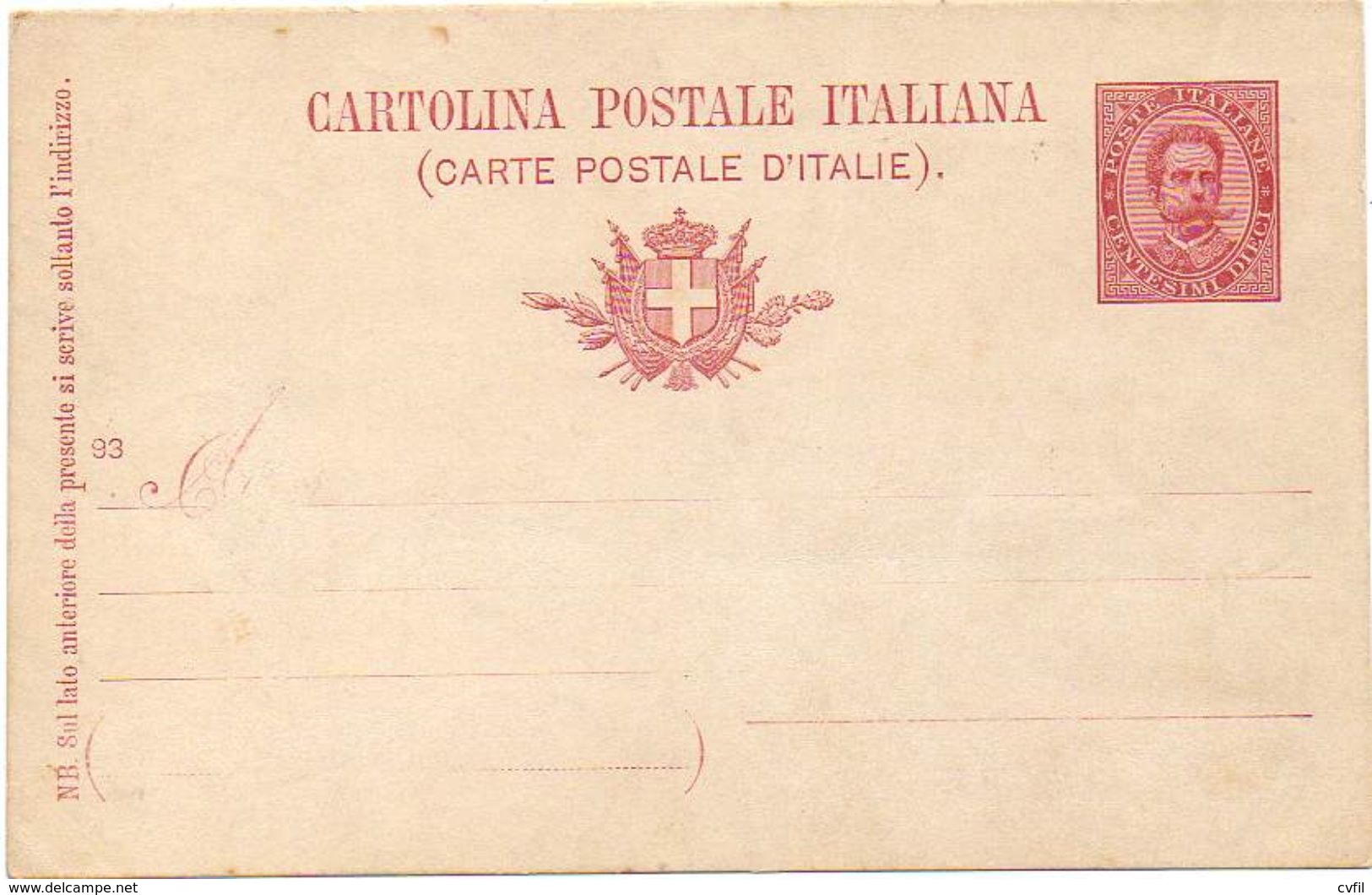 ITALY / ITALIA 1893. Entire Postal Card. Cartolina Postale Da 10 Cent. Umberto 1º Mill.93, Uncirculated - Stamped Stationery