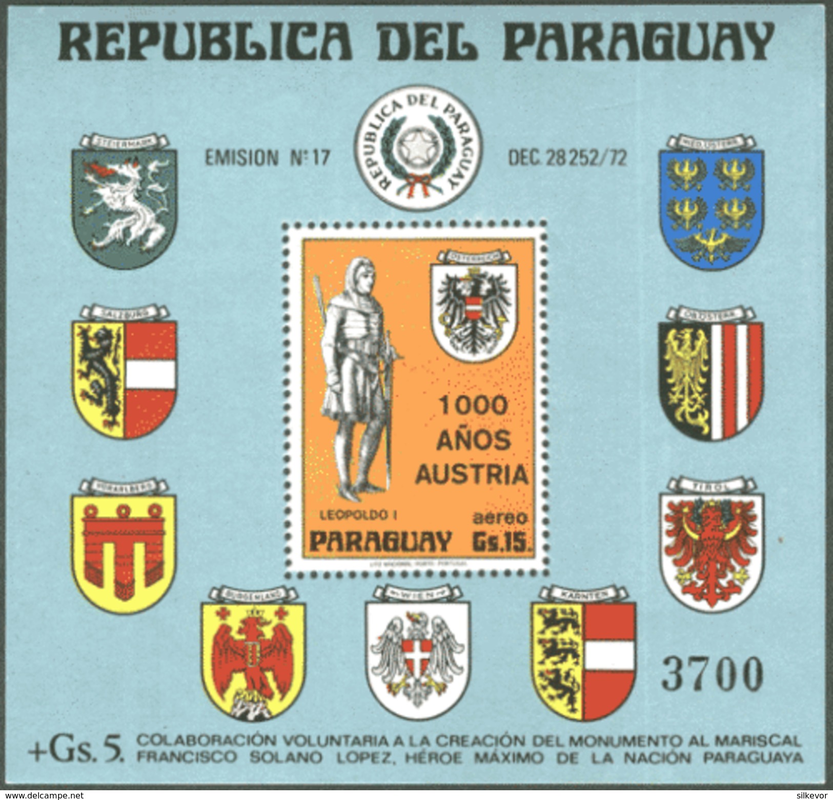 PARAGUAY/STAMPS, 1976 - 1000 YEARS OF AUSTRIA. MNH - America (Other)