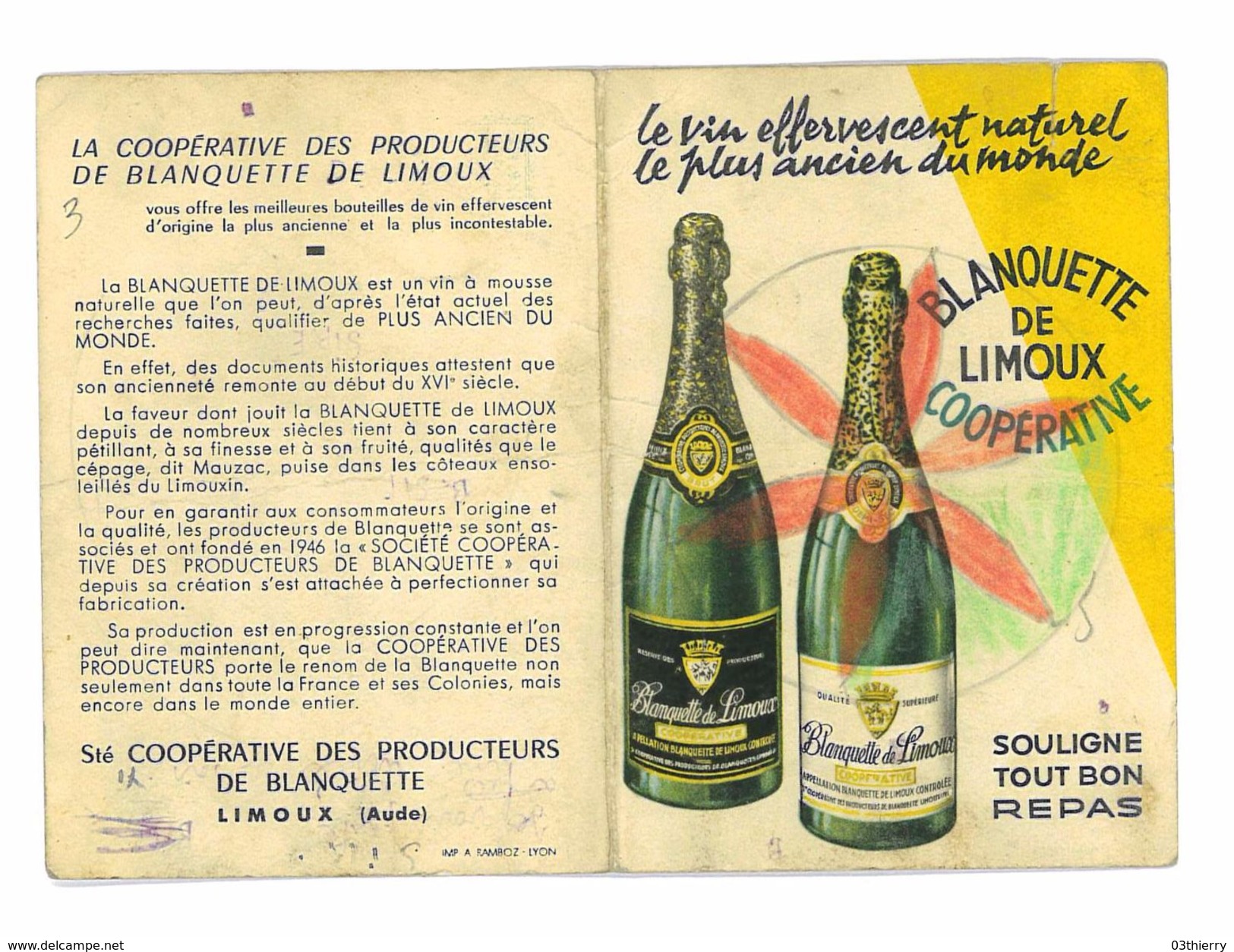 CALENDRIER 1961 PUB BLANQUETTE DE LIMOUX VIN EFFERVESCENT NATUREL - Petit Format : 1961-70