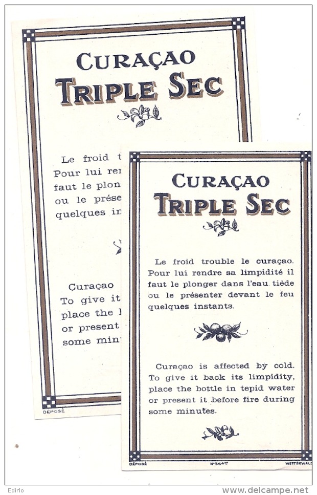 - étiquette - CURACAO - Triple Sec  2 étiquettes Taille Dif F (4  Petits Pts Colle Ou Amincis) - Whisky