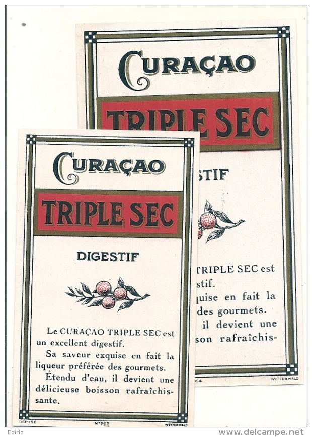 - étiquette - CURACAO - Triple Sec  2 étiquettes Taille Dif F (4  Petits Pts Colle Ou Amincis) - Whisky