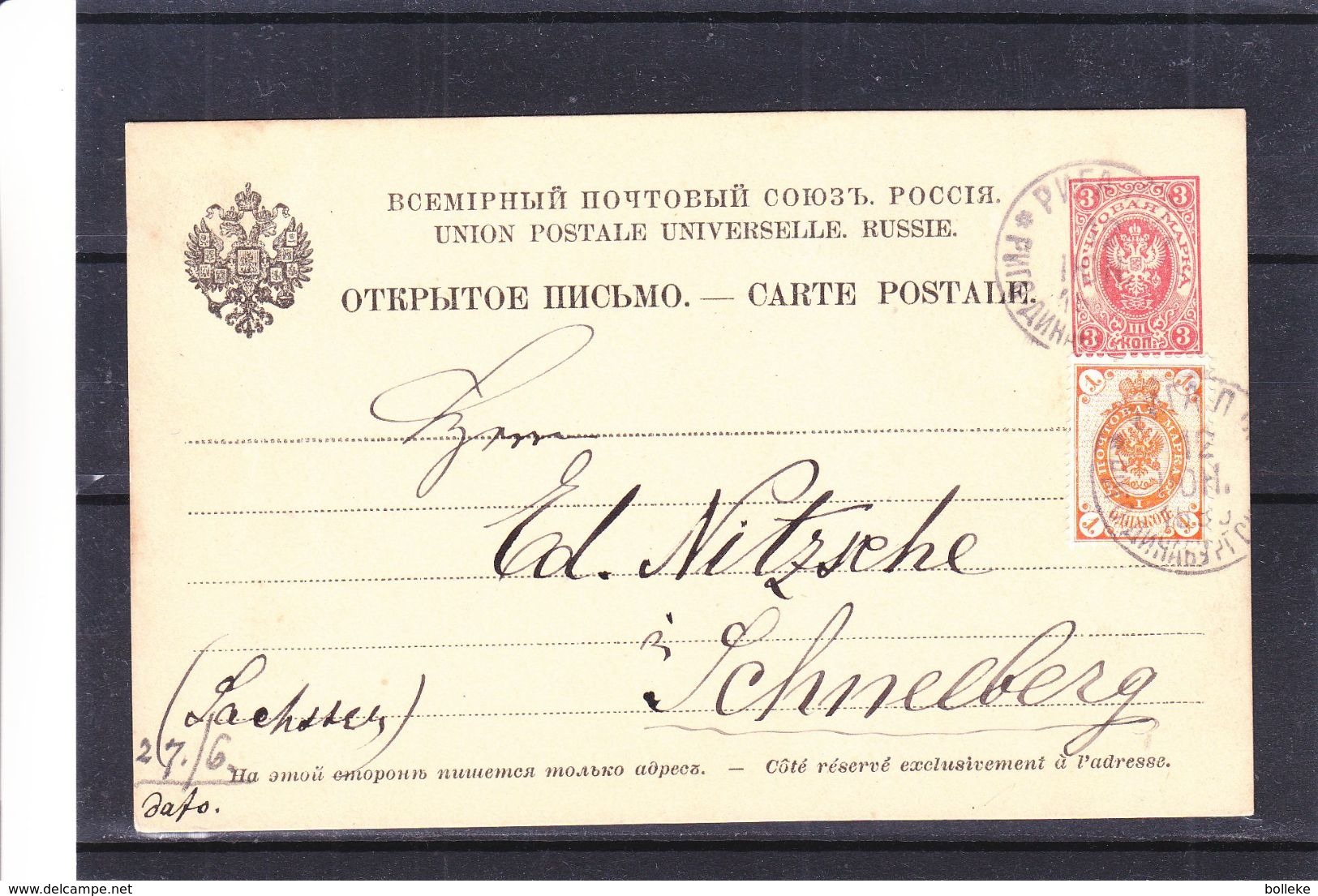 Russie - Carte Postale De 1889 - Entier Postal - Oblit Riga - Exp Vers Schneeberg En Allemagne - Briefe U. Dokumente