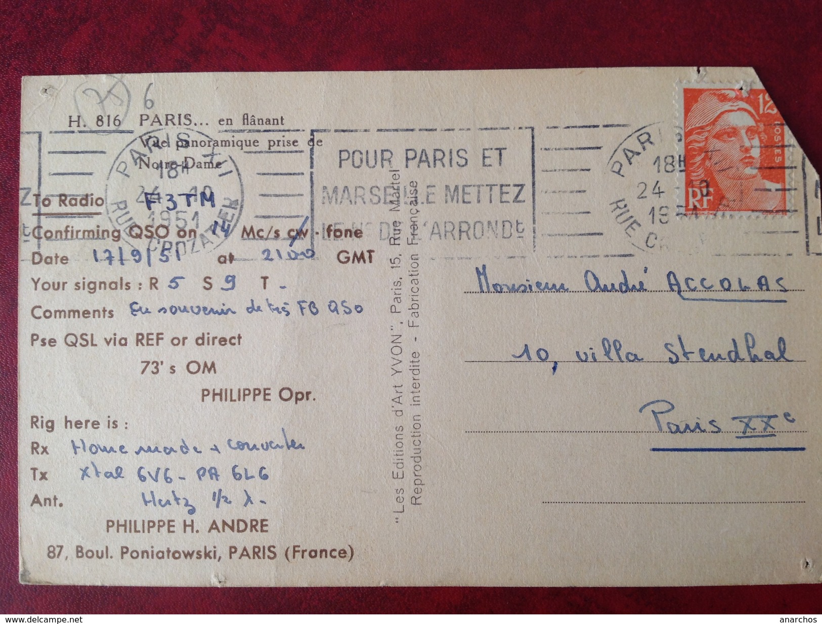 75 PARIS Boulevard Poniatowski QTH QSL Radio Amateur - Andere & Zonder Classificatie