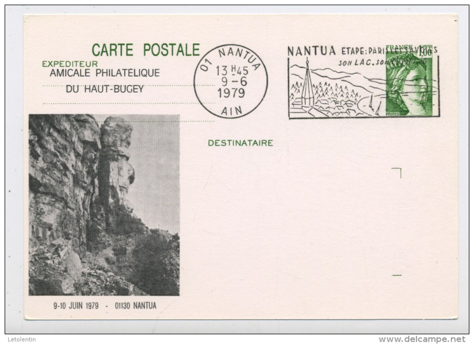 FRANCE - ENTIER TYPE SABINE1,00 VERT REPIQUÉ ("NANTUA 9-10 JUIN 1979) POUR L'EXPO N° YT 1973-CP1 OBLITÉRÉ DU 9/6/1979 N - Cartes Postales Repiquages (avant 1995)