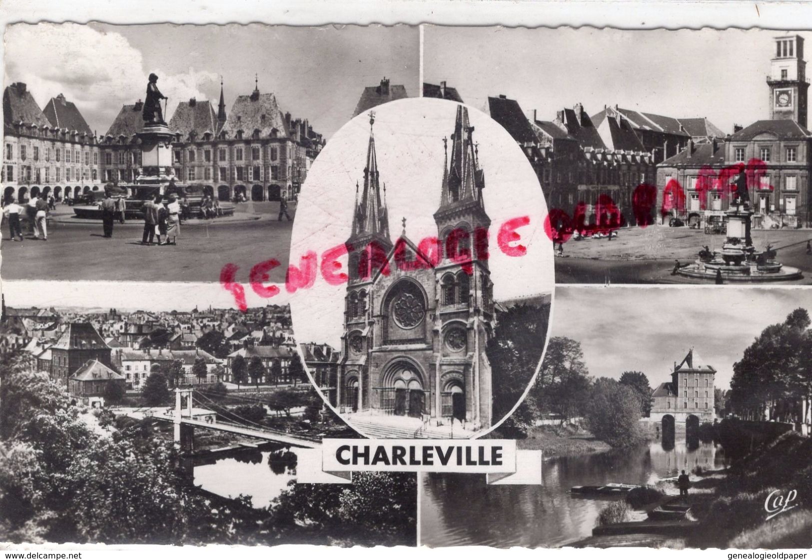 08 - CHARLEVILLE - PLACE DUCALE- STATUE CHARLES DE GONZAGUE-VUE GENERALE-EGLISE- LA MEUSE ET VIEUX MOULIN - Charleville