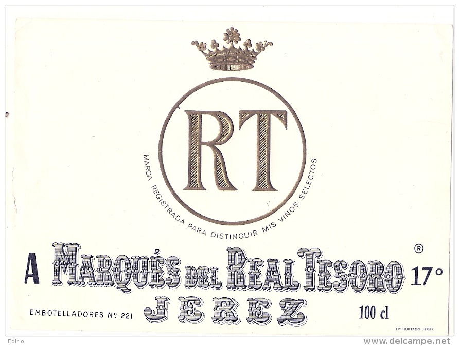 - étiquette -   -1920/50 - Marques Del Real TESORO JEREZ - Dorure à Chaud - Rotwein