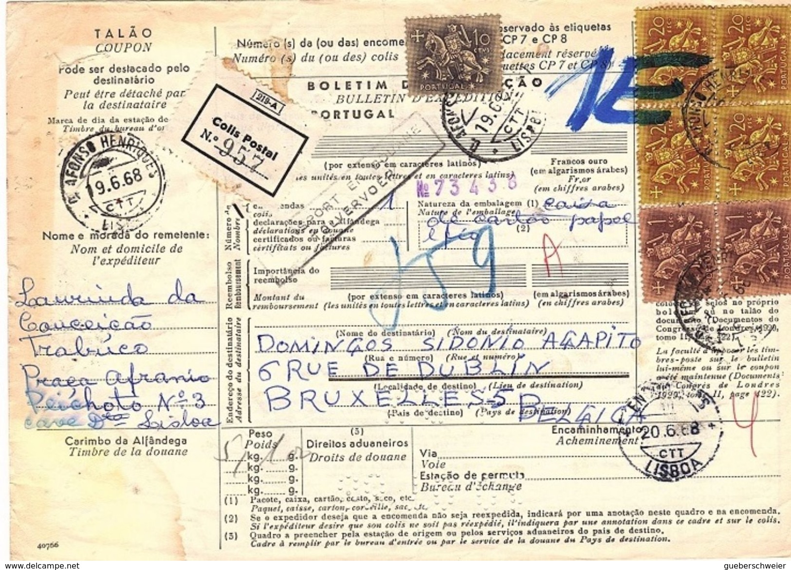 POR-L36 - PORTUGAL Bulletin D'expédition Colis Postal Transport En Douane Envoi De Lisbonne Pour Bruxelles 1968 - Lettres & Documents