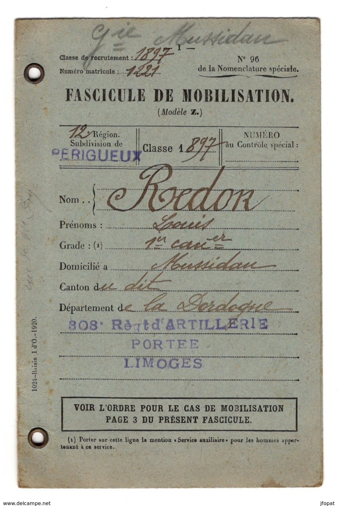 MILITARIA - DOCUMENTS Fascicule De Mobilisation, 12ème Région Périgueux - Documents