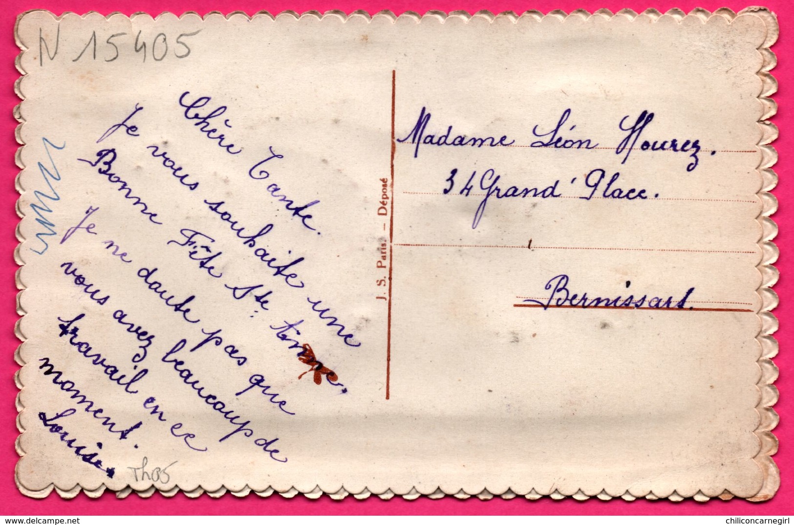 Carte Brodée - Sainte Anne - Fleurs - Myosotis - J.S. Paris - Soie - Autres & Non Classés