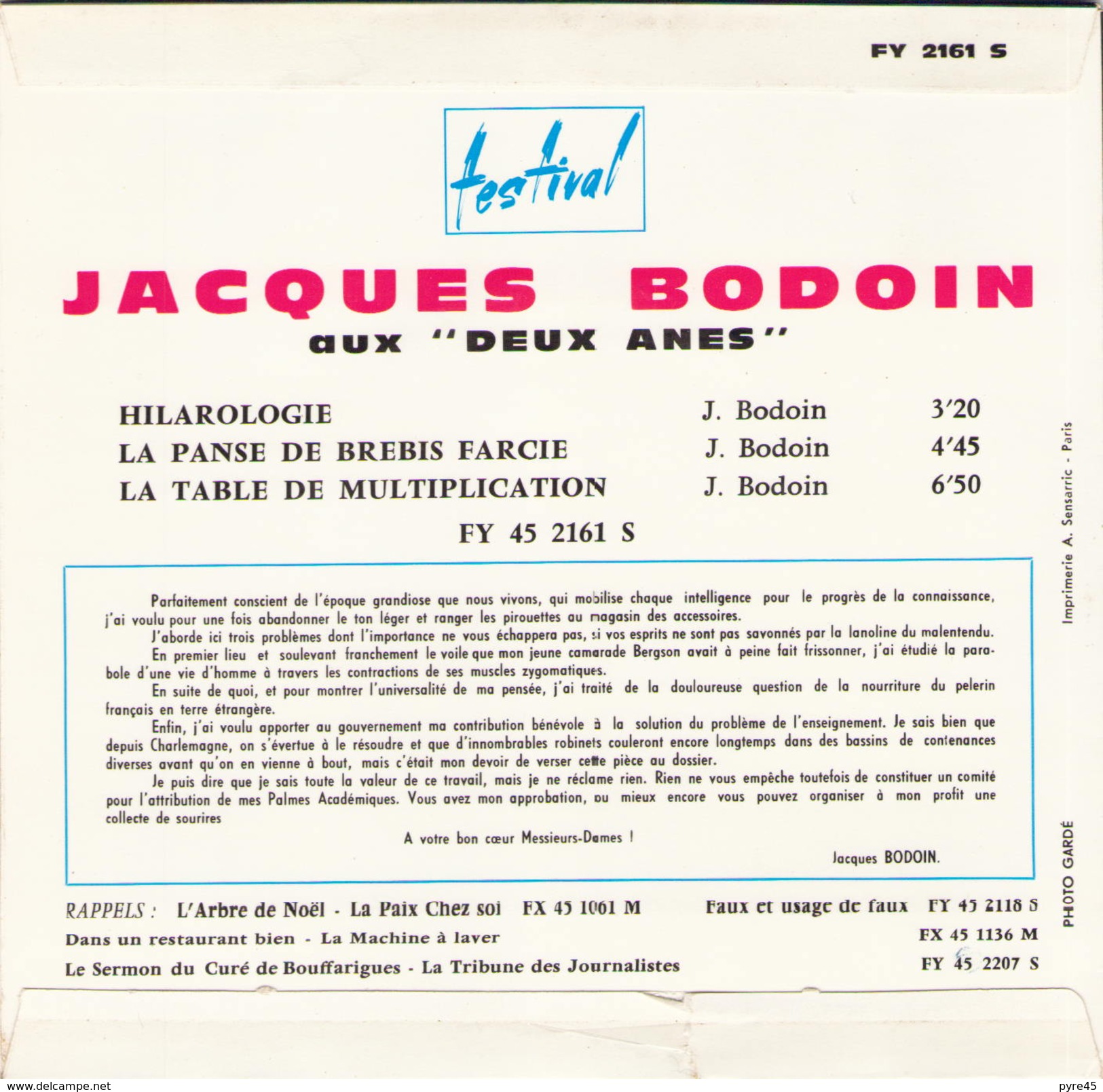 45 TOURS JACQUES BODOIN FESTIVAL FY 45 2161 HILAROLOGIE / LA PANSE DE BREBIS FARCIE / LA TABLE DE MULTIPLICATION - Humour, Cabaret