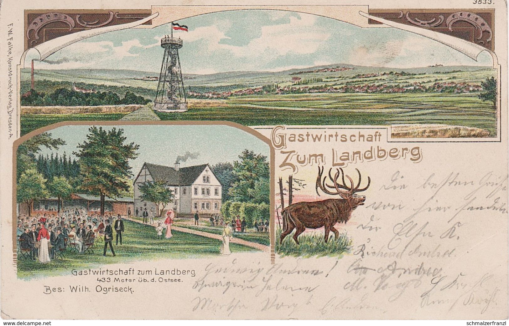 Litho AK Gasthof Turm Landberg Tharandter Wald Herzogswalde Mohorn Wilsdruff Tharandt Pohrsdorf Grumbach Grund Bahnpost - Herzogswalde