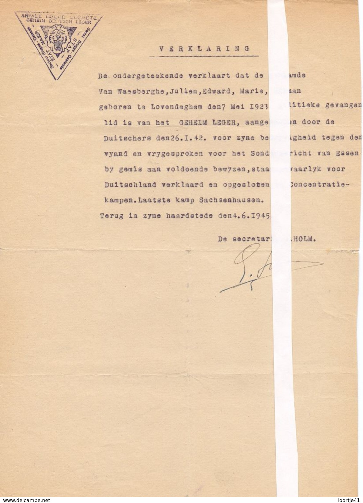 Verklaring Militair Origineel Document Geheim Leger - Van Waesberghe Lovendegem - Oorlog 1940 - 1945 - Documents