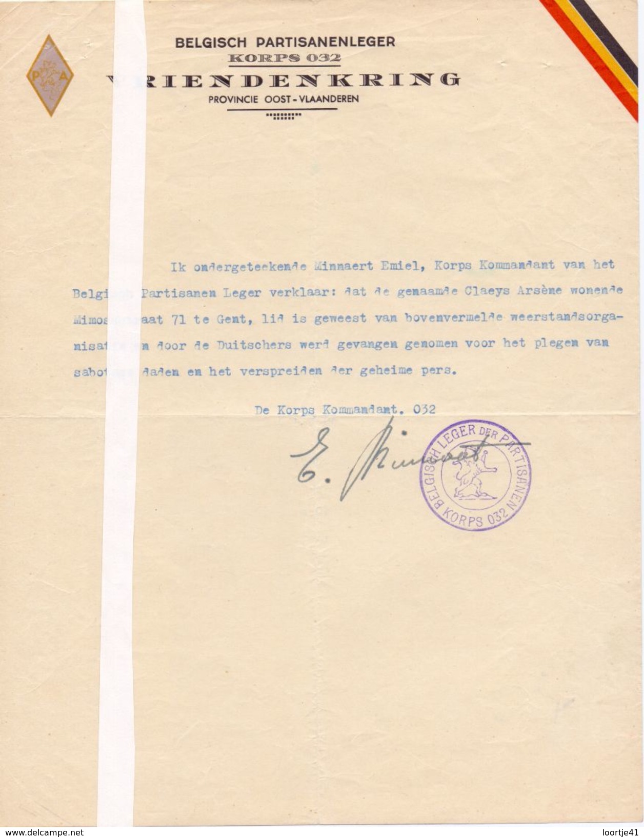 Verklaring Militair Origineel Document Belg. Partisanen  Leger - Minnaert - Claeys Aimé Gent Oorlog 1940 - 1945 - Documents