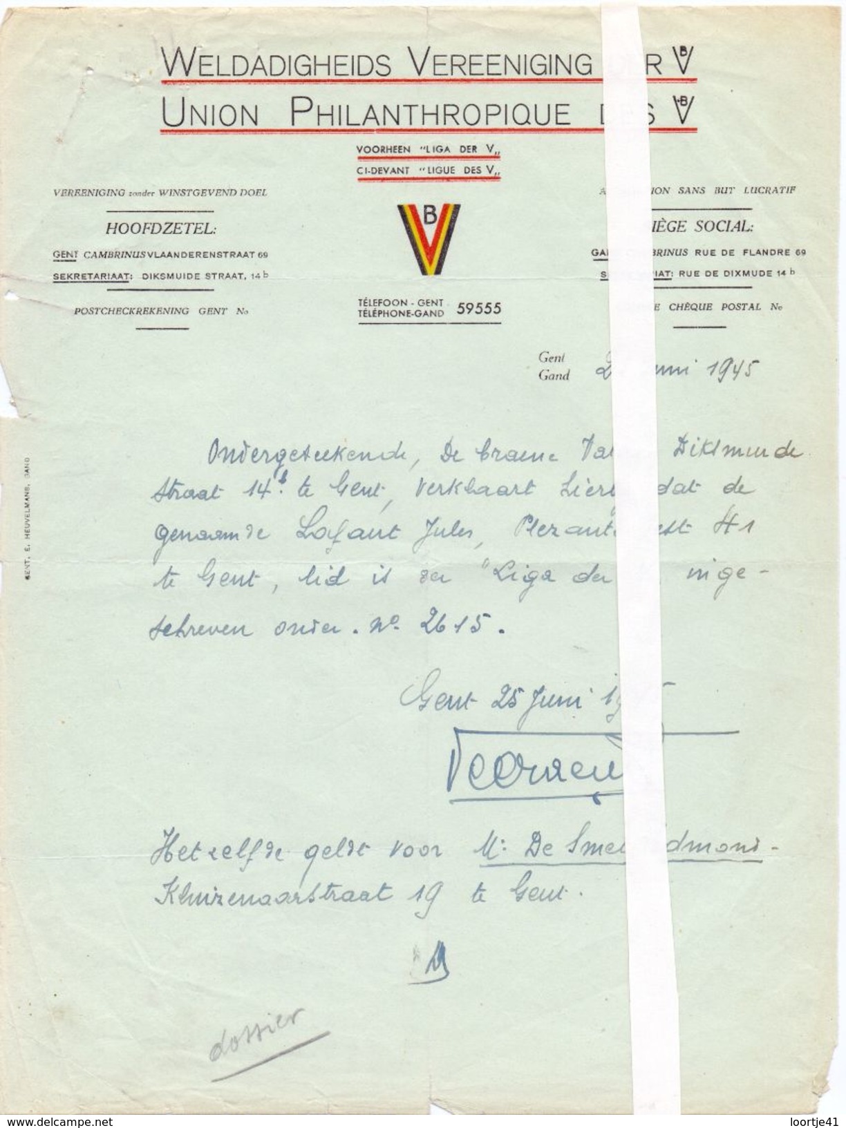 Verklaring Militair Origineel Document Weldadigheids  V Leger - De Craene - De Smet - Gent - Oorlog 1940 - 1945 - Documents