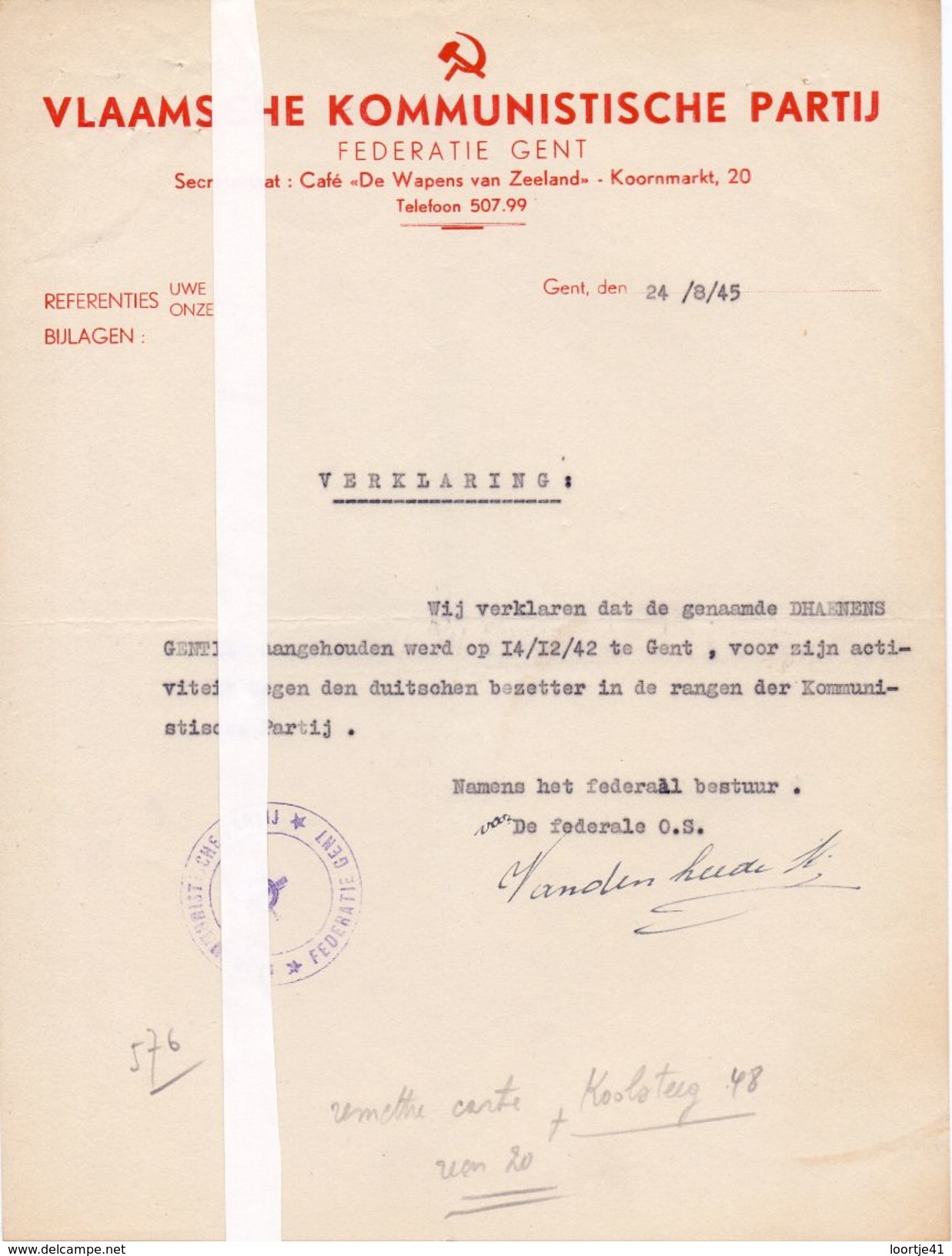 Verklaring Militair Origineel Document Vlaamse Kommunistische Partij Gent - Dhaenens Gentil  - Oorlog 1940 - 1945 - Documents