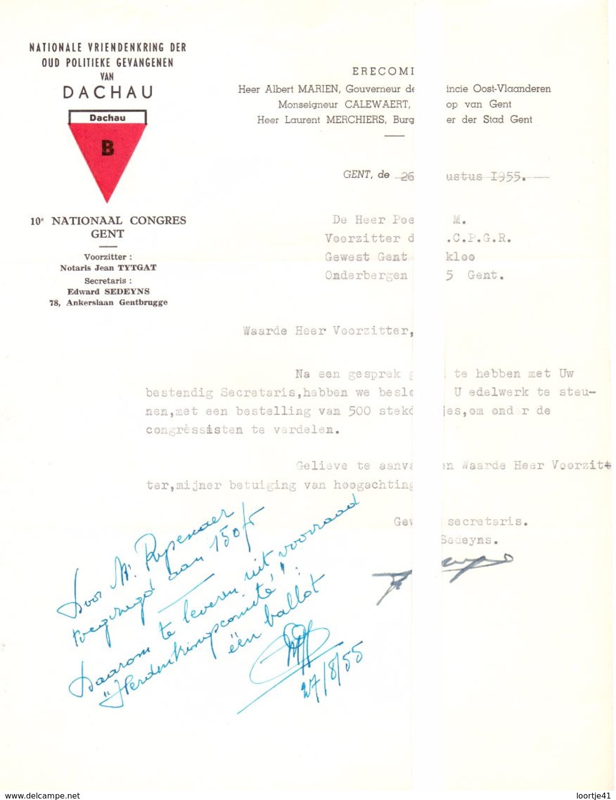 Verklaring Militair Origineel Document Vriendenkring Dachau Gent - Congres 1955 - Documents