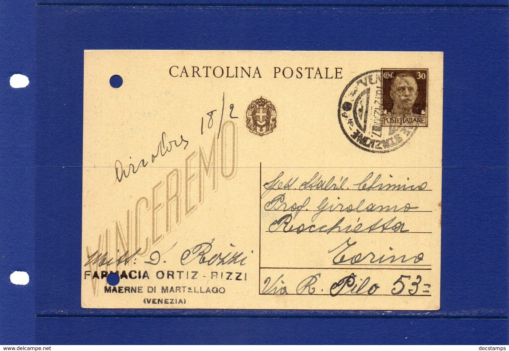 Pharmacy-Pharmacie-Apotheke. 18 -12 -1942 - Farmacia Ortiz-Rizzi -Maerne Di Martellago- (Venezia) - Farmacia