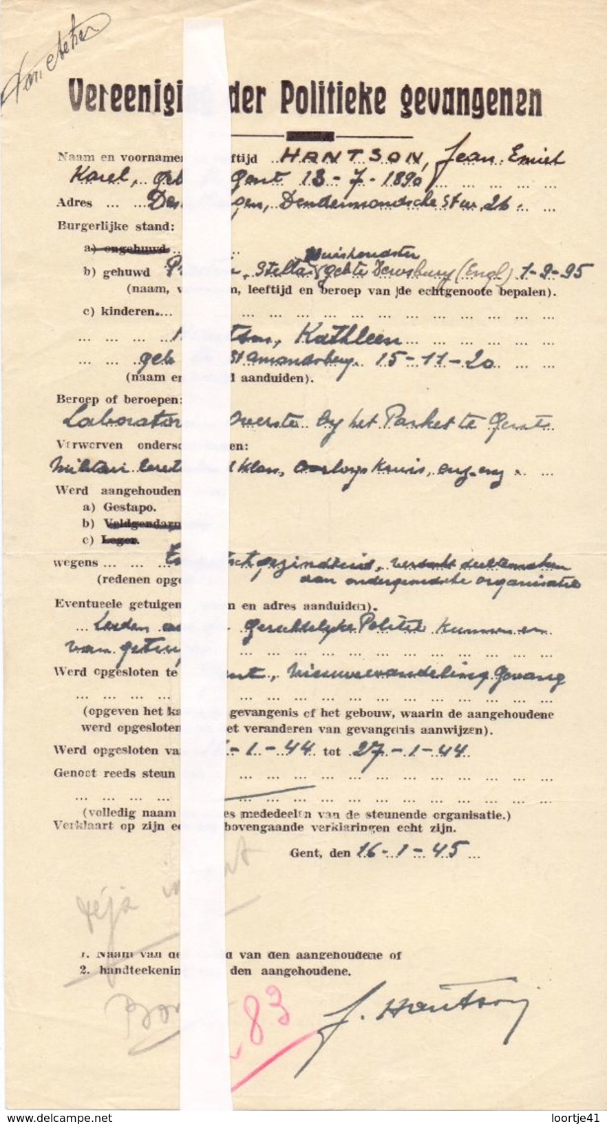 Verklaring Militair Origineel Document Politieke Gevangenen - Hantson Jean - Gent Oorlog 1940 - 1945 - Documents