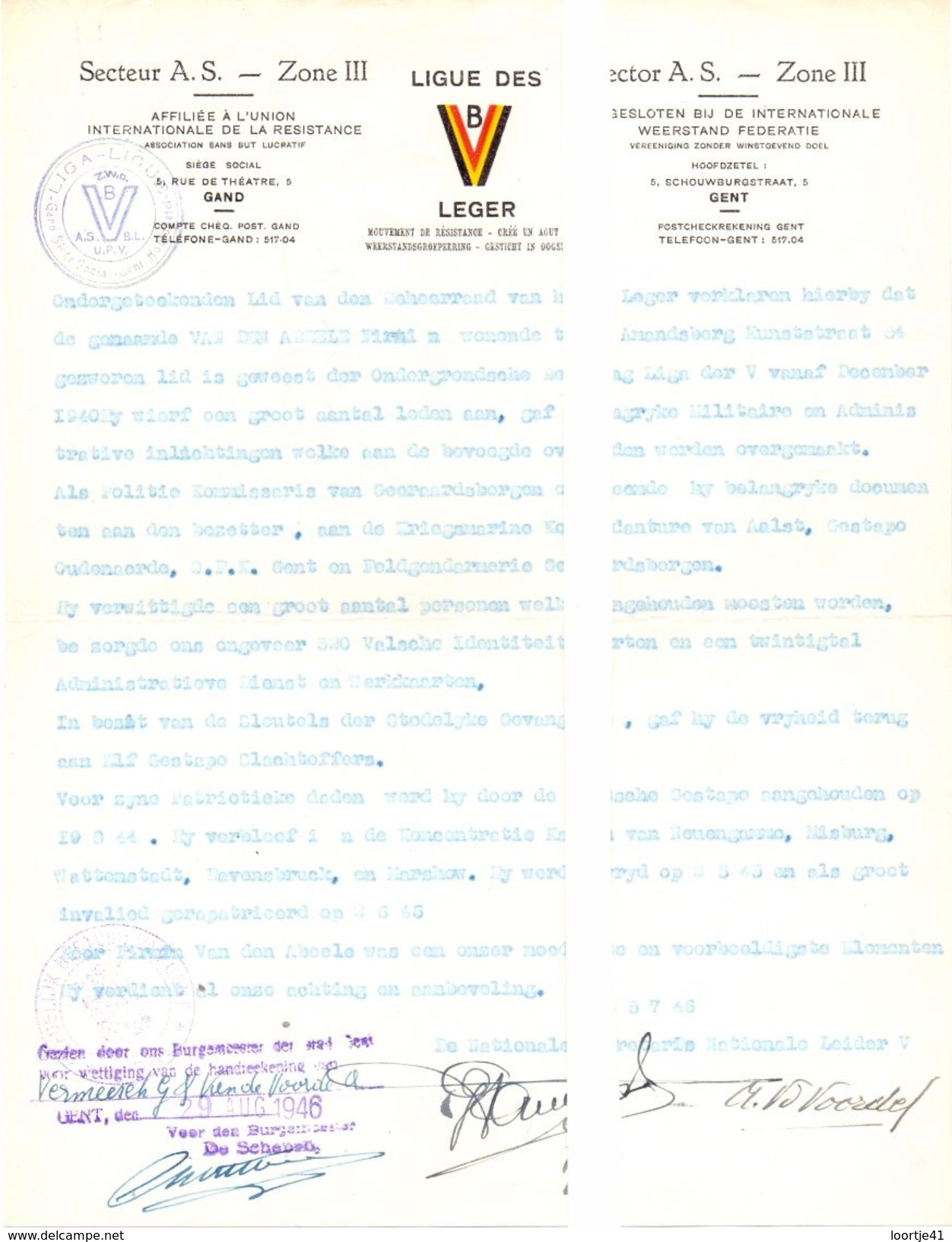 Verklaring Militair Origineel Document Ligue Des V Leger Gent - Van De Abeele Firmin St Amandsberg - Oorlog 1940 - 1945 - Documents