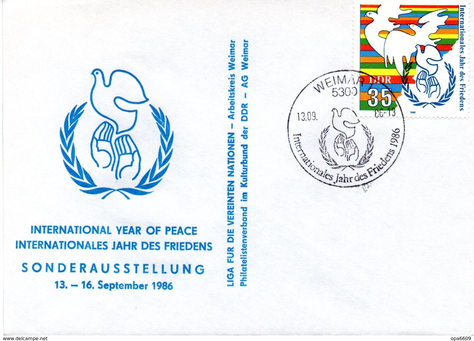 (DDR-B2) Sonderumschlag "Internationales Jahr Des Friedens" EF Mi 3036 SSt.13.9.86 WEIMAR - Briefe U. Dokumente