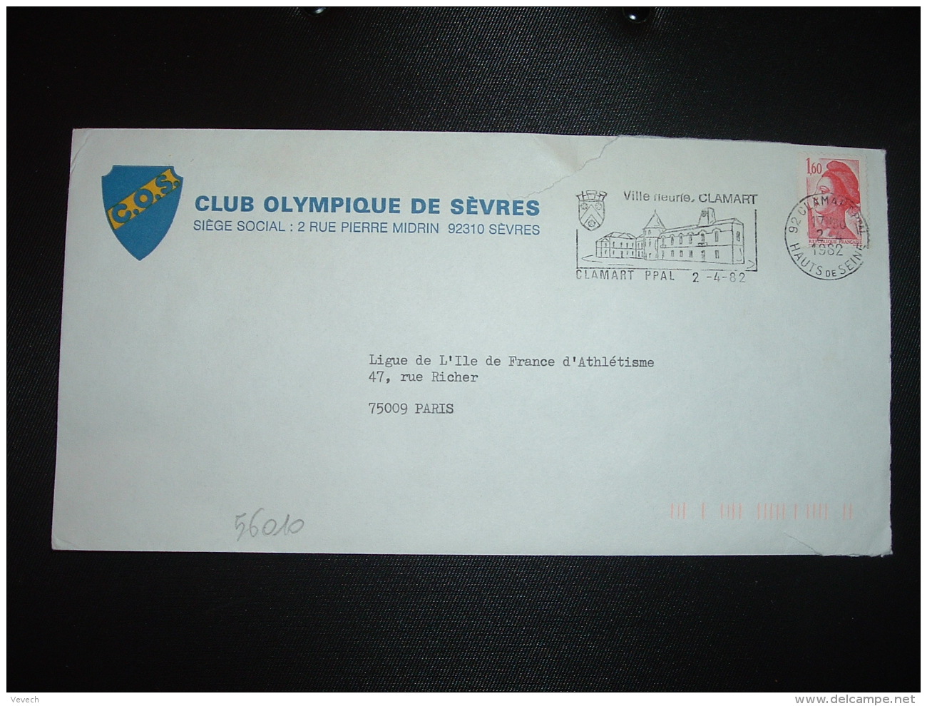 LETTRE TP LIBERTE DE GANDON 1,60 OBL.MEC.2-4-1982 CLAMART PPAL (92) C.O.S. CLUB OLYMPIQUE DE SEVRES - Other & Unclassified