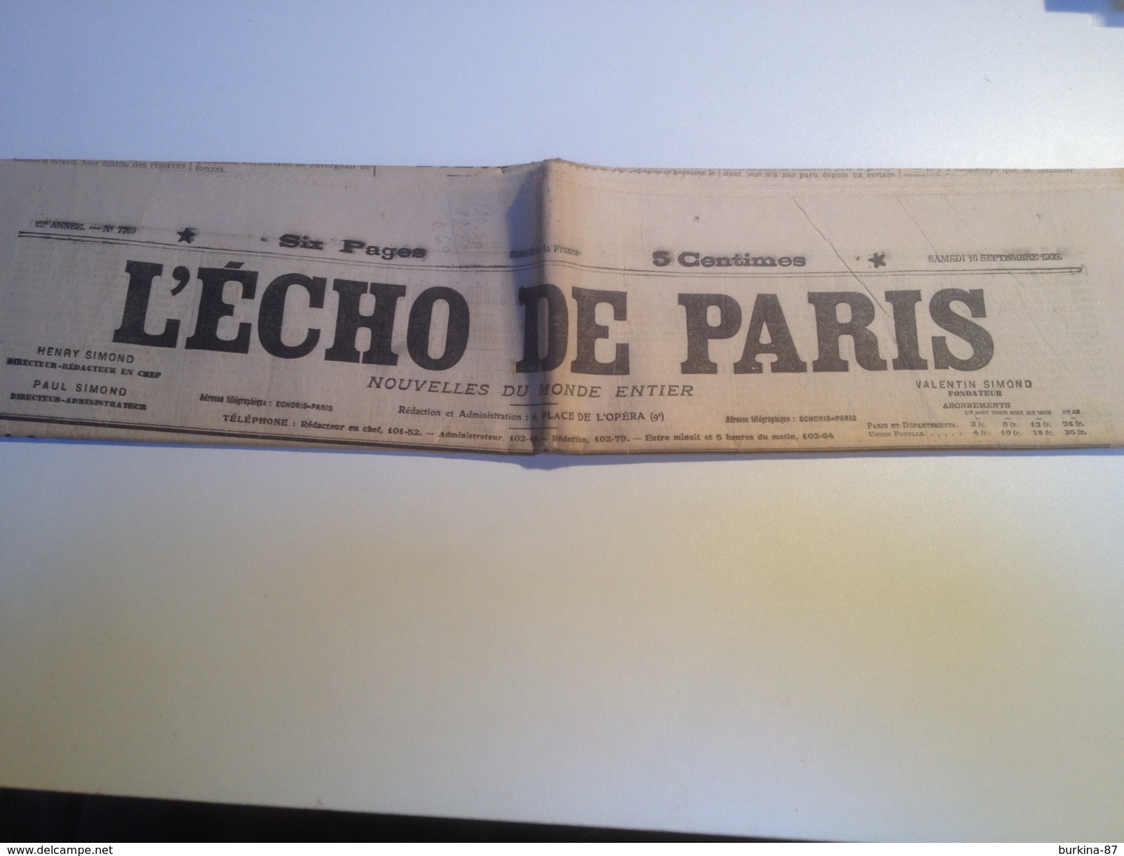 L'ECHO DE PARIS,  16 Septembre 1905, QUOTIDIEN - Testi Generali