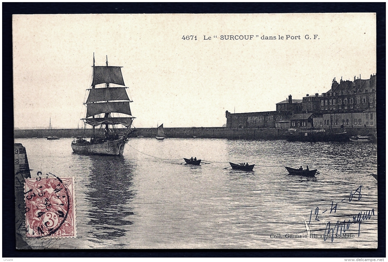 CPA ANCIENNE FRANCE- VOILIERS- - LE 2 MATS "SURCOUF" VOILES DEHORS DANS LE PORT TIRÉ PAR 4 CHALOUPES - Voiliers