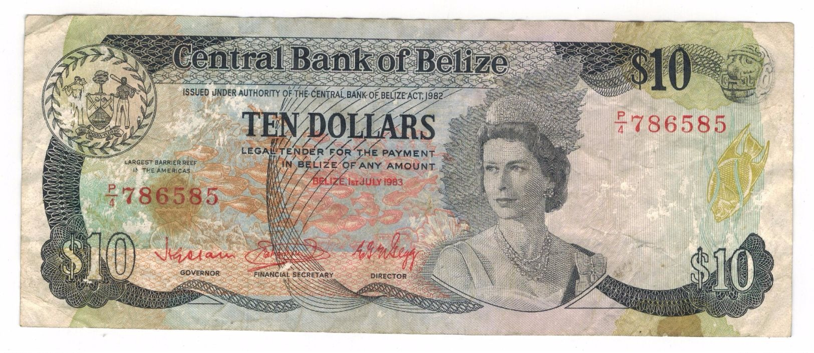 BELIZE 10 DOLLARS Pick#44 1983, Used . - Belize