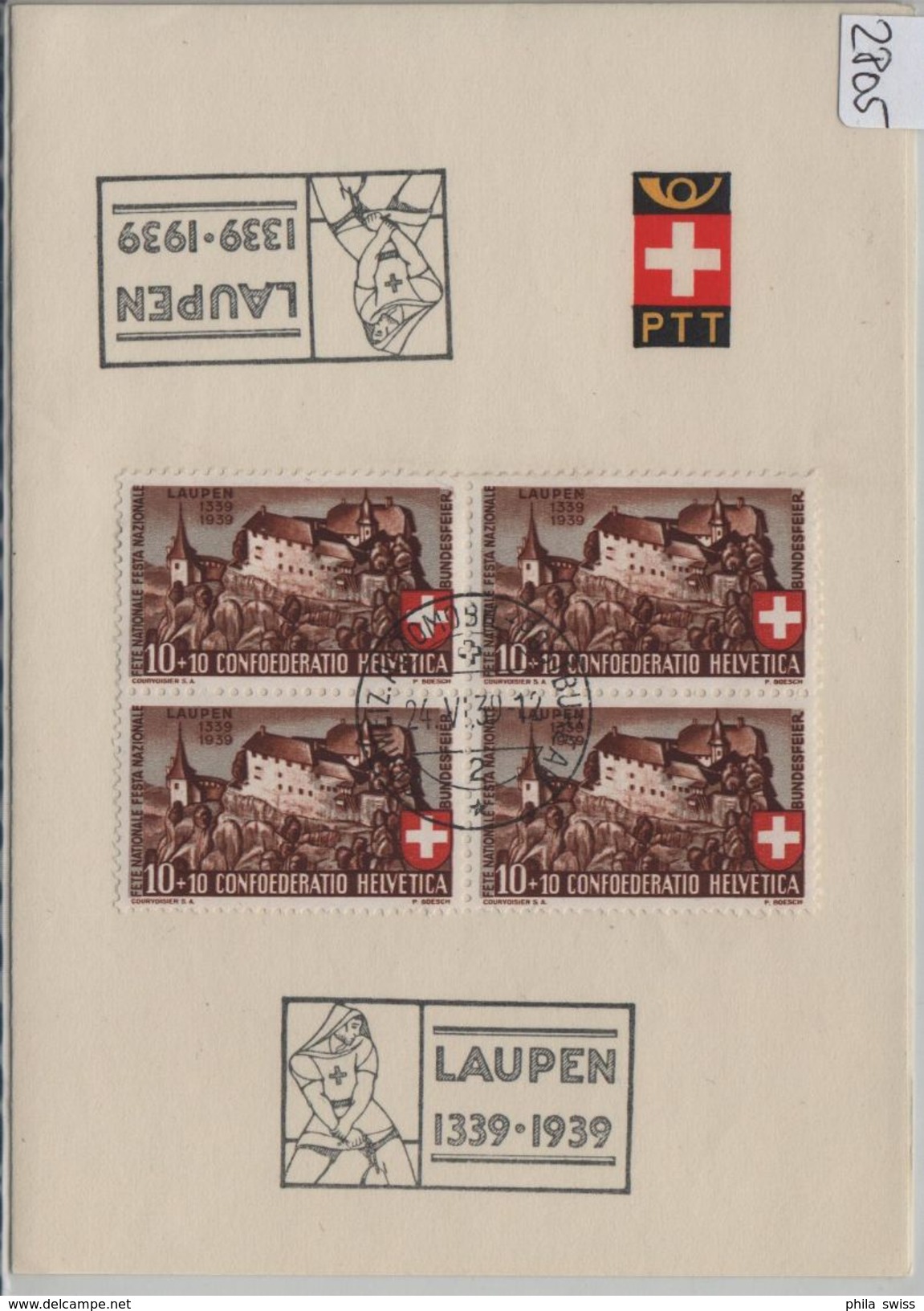 1939 PTT Bögli B2/356 Im 4er Bloc Block Sonderstempel: Laupen 1339-1939 24.VI.39 - Lettres & Documents