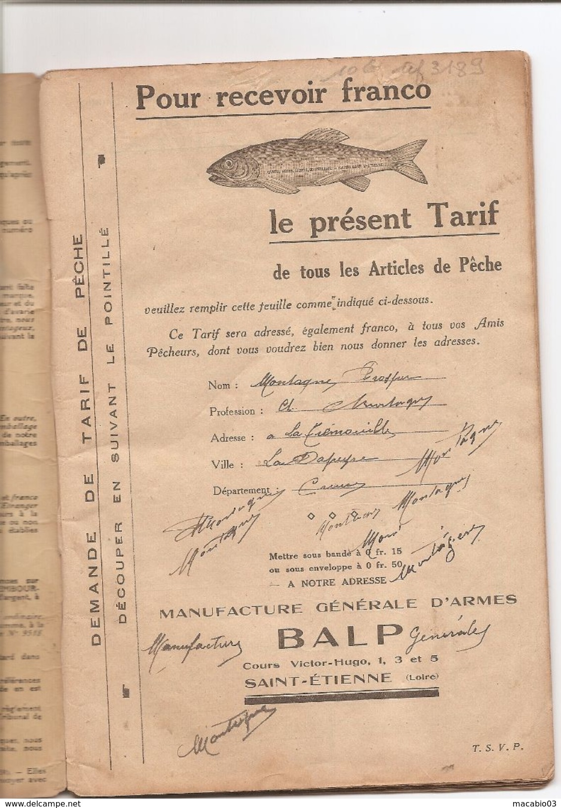 Manufacture Générale D' Armes Maison BALP  Tarif Complet De Tous Les Articles De Pêche ( Complet 94 Pages )  Réf 3189 - Chasse/Pêche