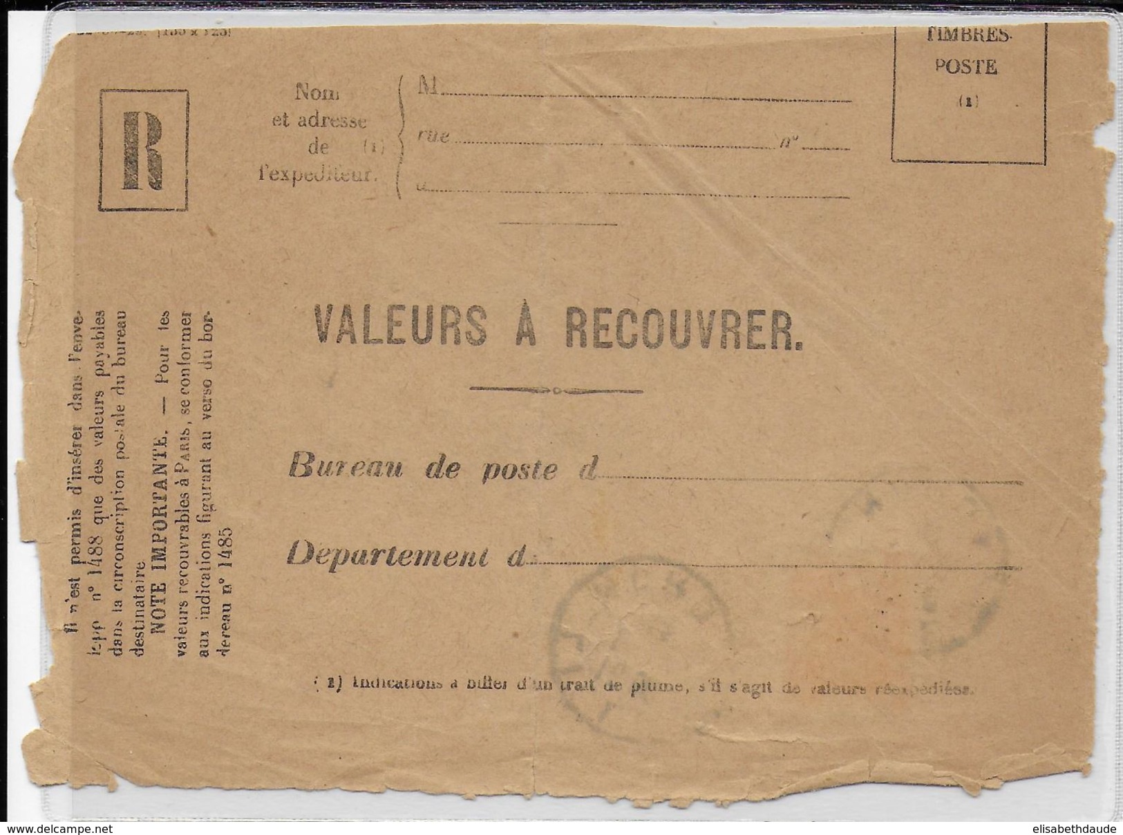 1944 - LIBERATION - PETAIN SURCHARGE De LILLE Sur DEVANT DE LETTRE (ENVELOPPE Des VALEURS à RECOUVRER RETOURNEE) ! - Libération