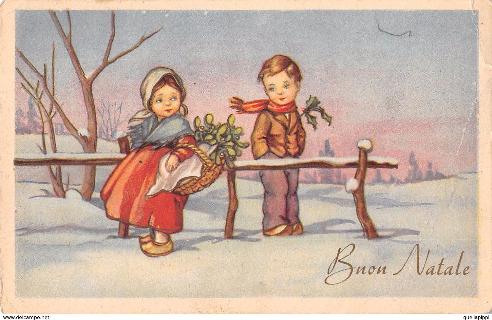 D6150 "BUON NATALE - BAMBINI - CESTO VIMINI- VISCHIO"  CART  SPED 1949 - Autres & Non Classés