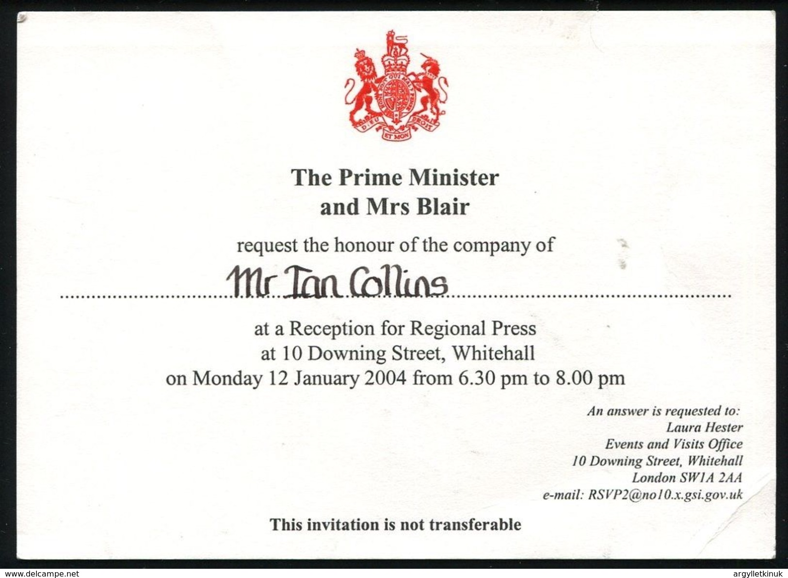 TONY BLAIR PRIME MINISTER RECEPTION DOWNING STREET 2004 - Tickets - Entradas