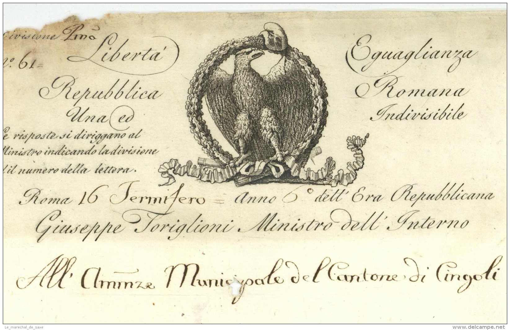 REPUBLIQUE ROMAINE &ndash; TORIGLIONI, Giuseppe. Ministre De L&lsquo;Intérieur. &ndash; Roma 1798 VIGNETTE - 1792-1815: Conquered Departments