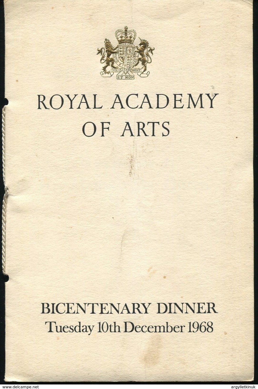 ROYAL ACADEMY ARTS DINNER MENUS 1965 AND 1968 - Menus