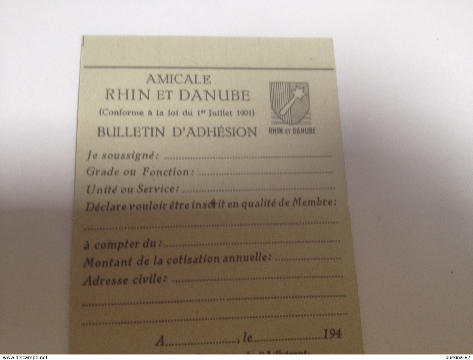 AMICALE RHIN ET DANUBE , Bulletin D'adhésion, Fin 40 - Documents