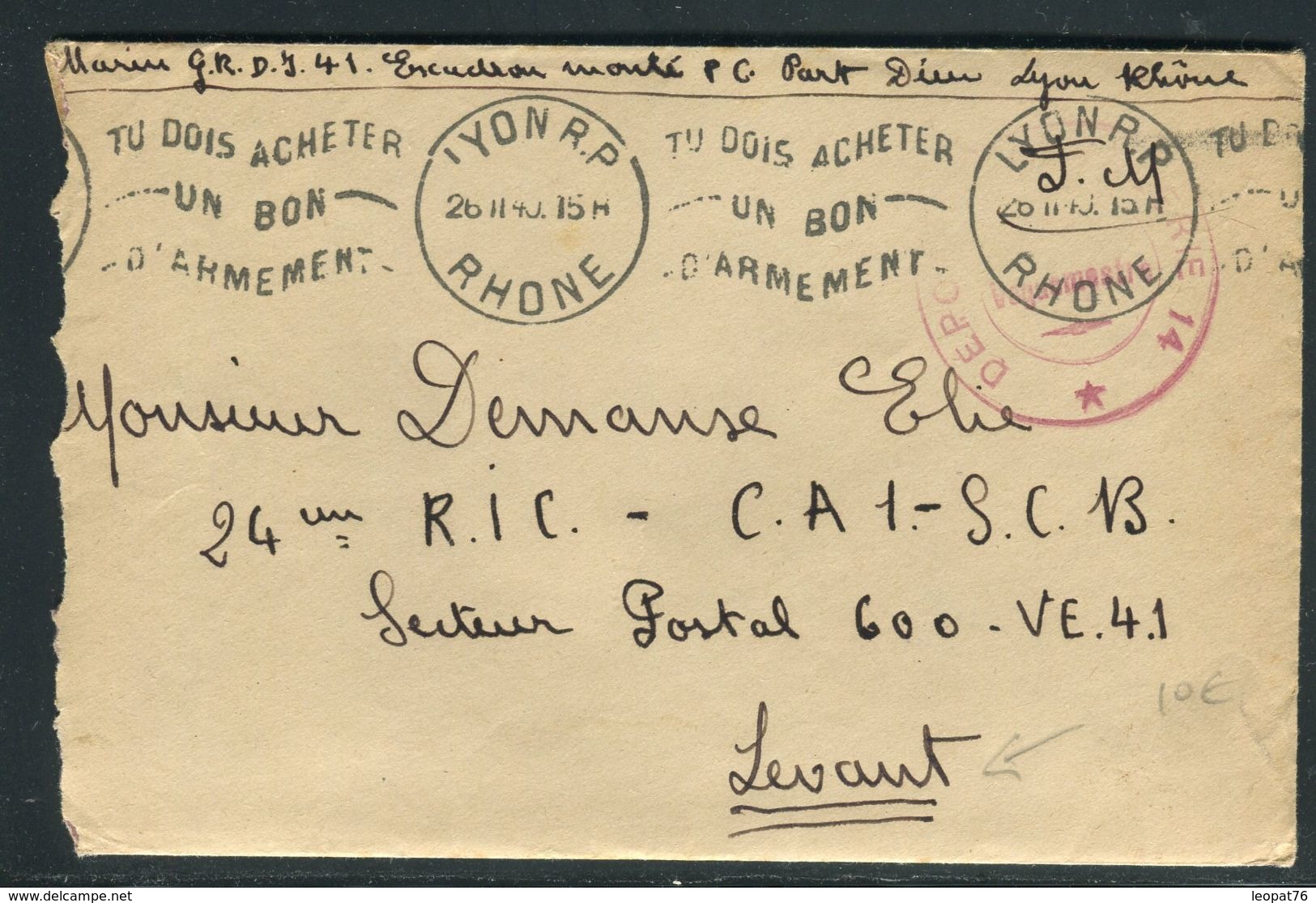 France - Enveloppe En FM De Lyon Pour Un Soldat Au Levant En 1940 - Ref JJ 43 - Guerre De 1939-45