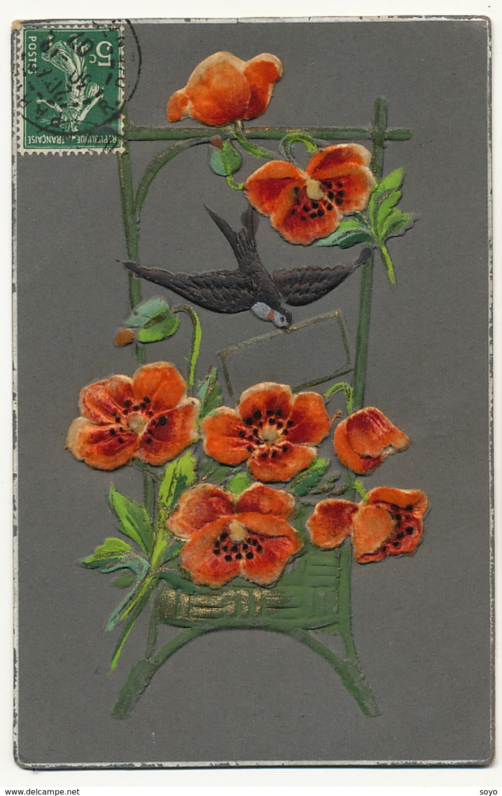 Belle Carte En Velours Gaufrée Coquelicot Pavot Poppies Opium - Autres & Non Classés