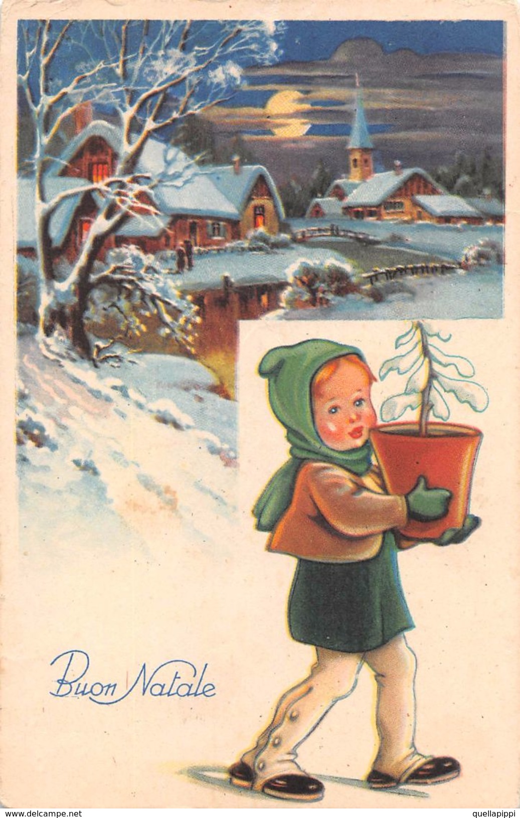 D6163 "BUON NATALE - BAMBINO CON PICCOLO ABETE - NEVE - PAESE - LUNA"  CART  SPED. 1953 - Altri & Non Classificati