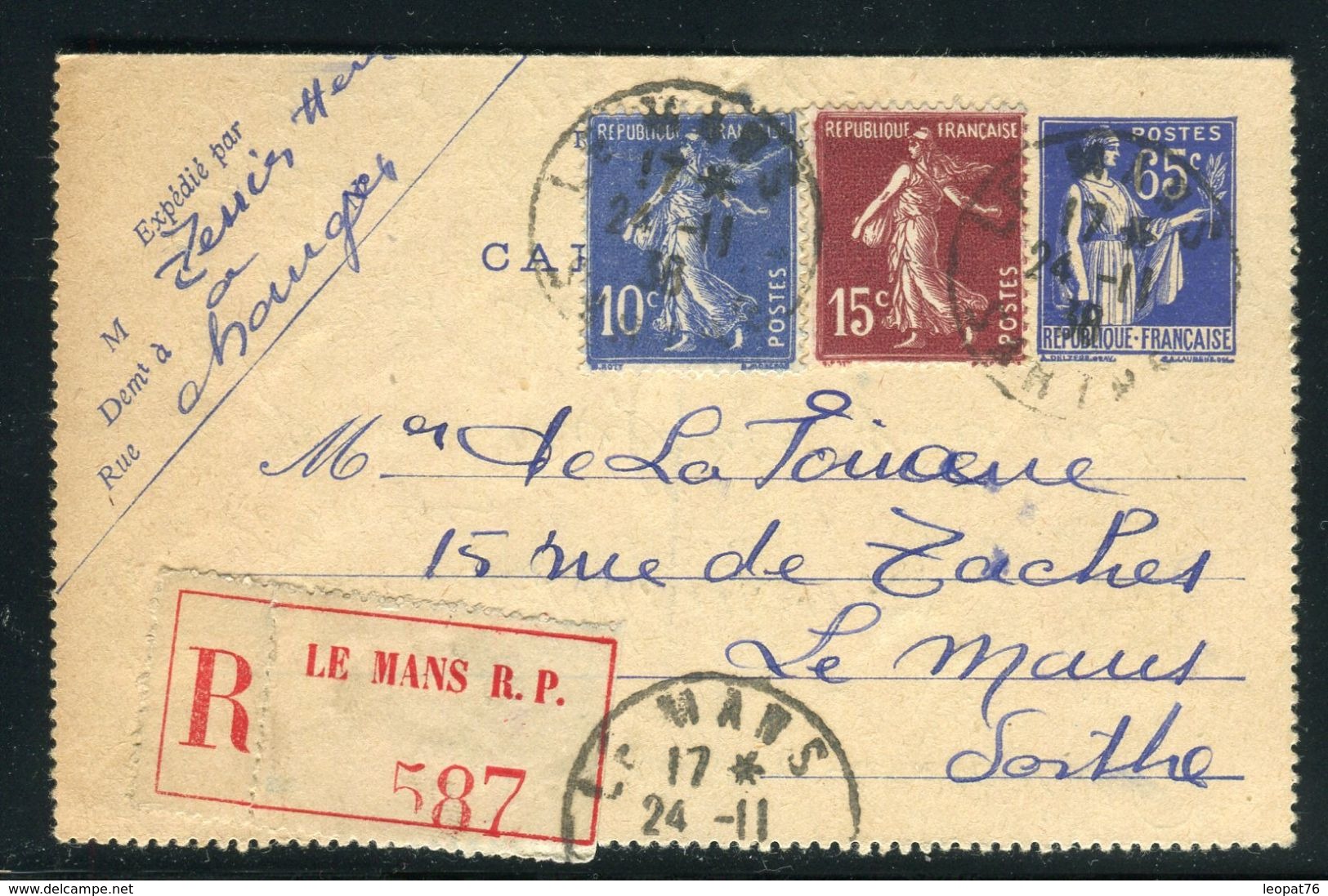 France - Entier Postal Type Paix En Recommandé + Complément ( Recto Et Verso ) Du Mans Pour Le Mans En 1938 - Ref JJ 57 - Cartoline-lettere