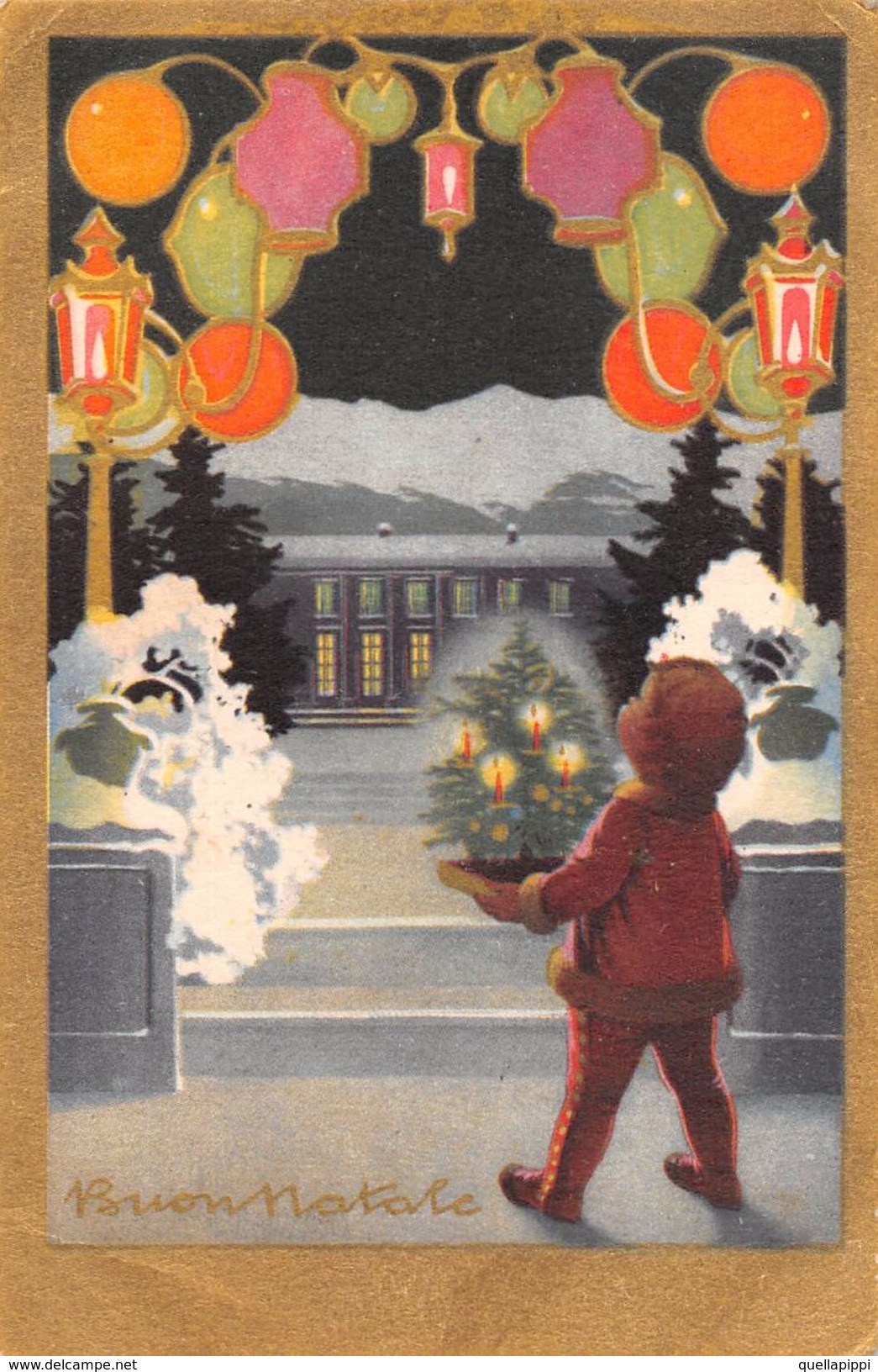 D6171  "BUON NATALE - BAMBINO CON PICCOLO ABETE - CANDELINE - LAMPIONCINI LUMINOSI"  CART  SPED 1935 - Altri & Non Classificati