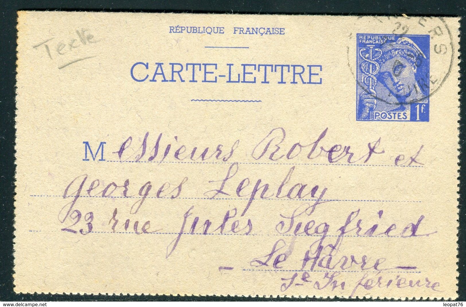 France - Entier Postal Type Mercure De Angers Pour Le Havre En 1940 - Ref JJ 58 - Cartoline-lettere